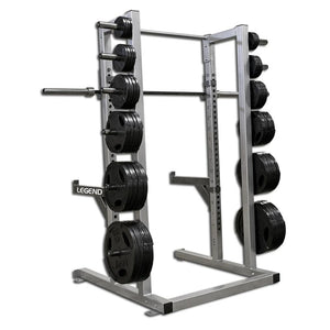 Weight rack with Legend branding and weight plates on a white background
