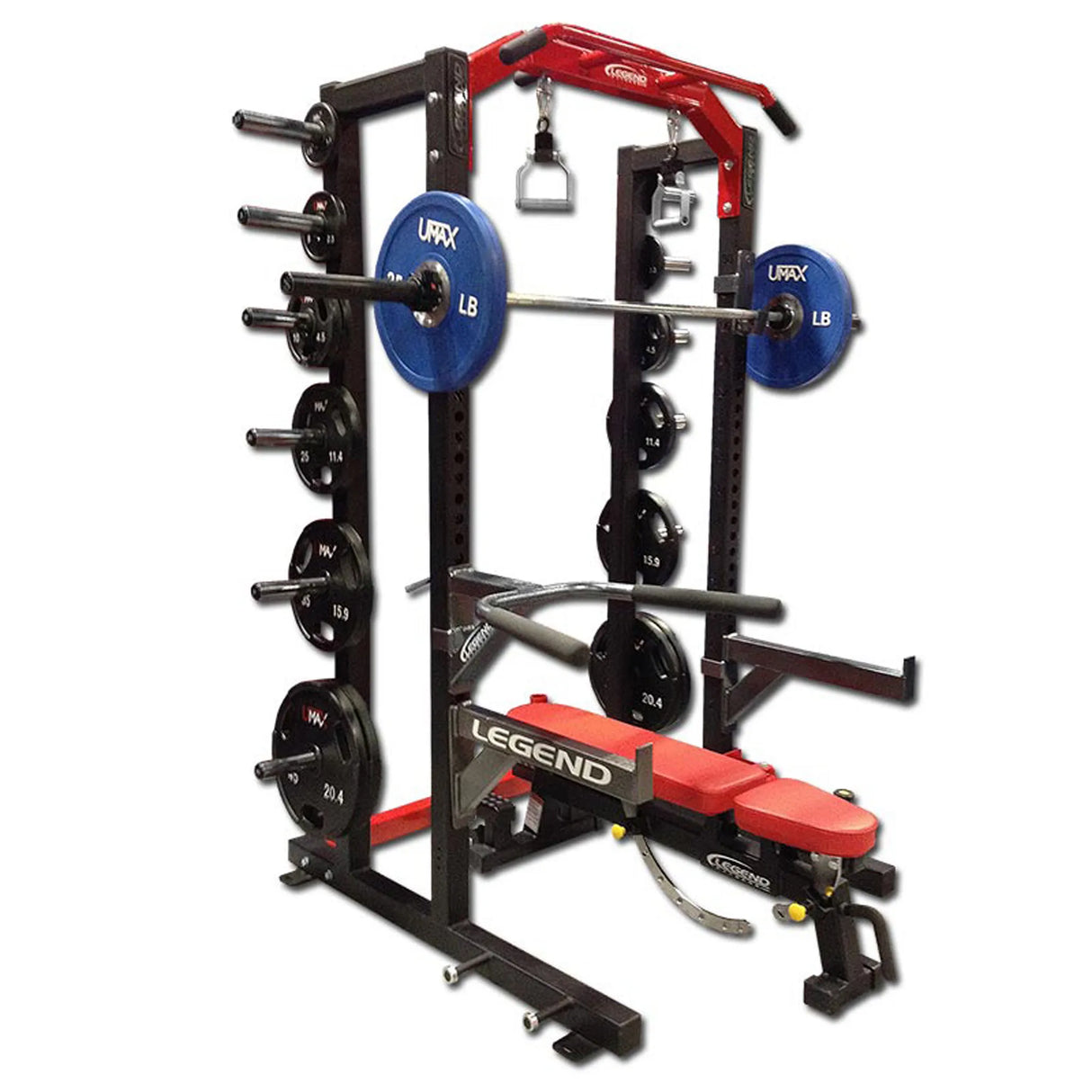 Gym equipment rack with weights and barbell on a white background