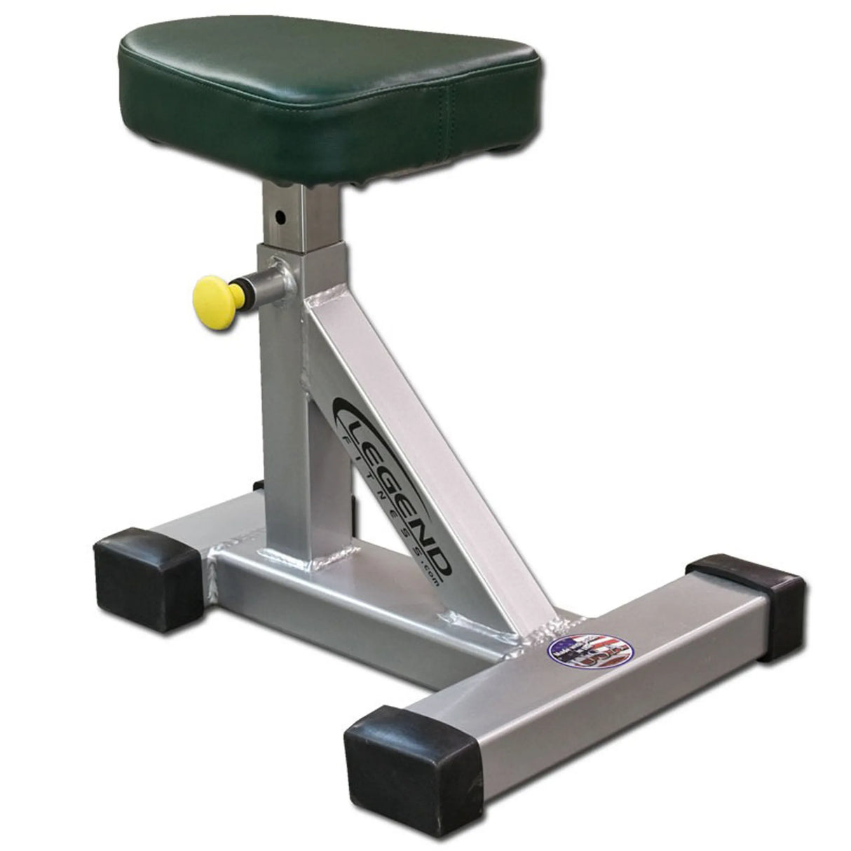 A silver framed fitness stool with a green pad on a white background