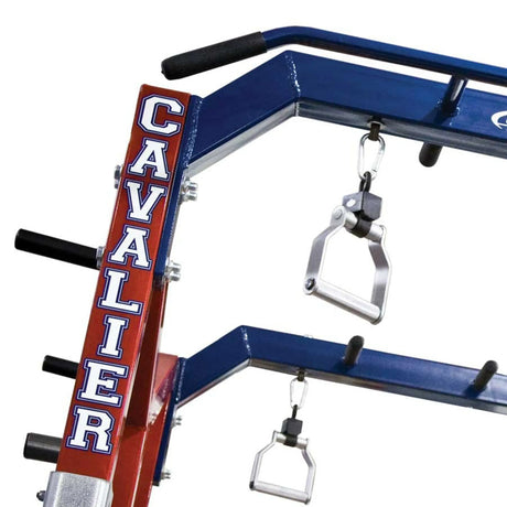 Blue and red weightlifting squat rack with 'Cavalier' branding on a white background