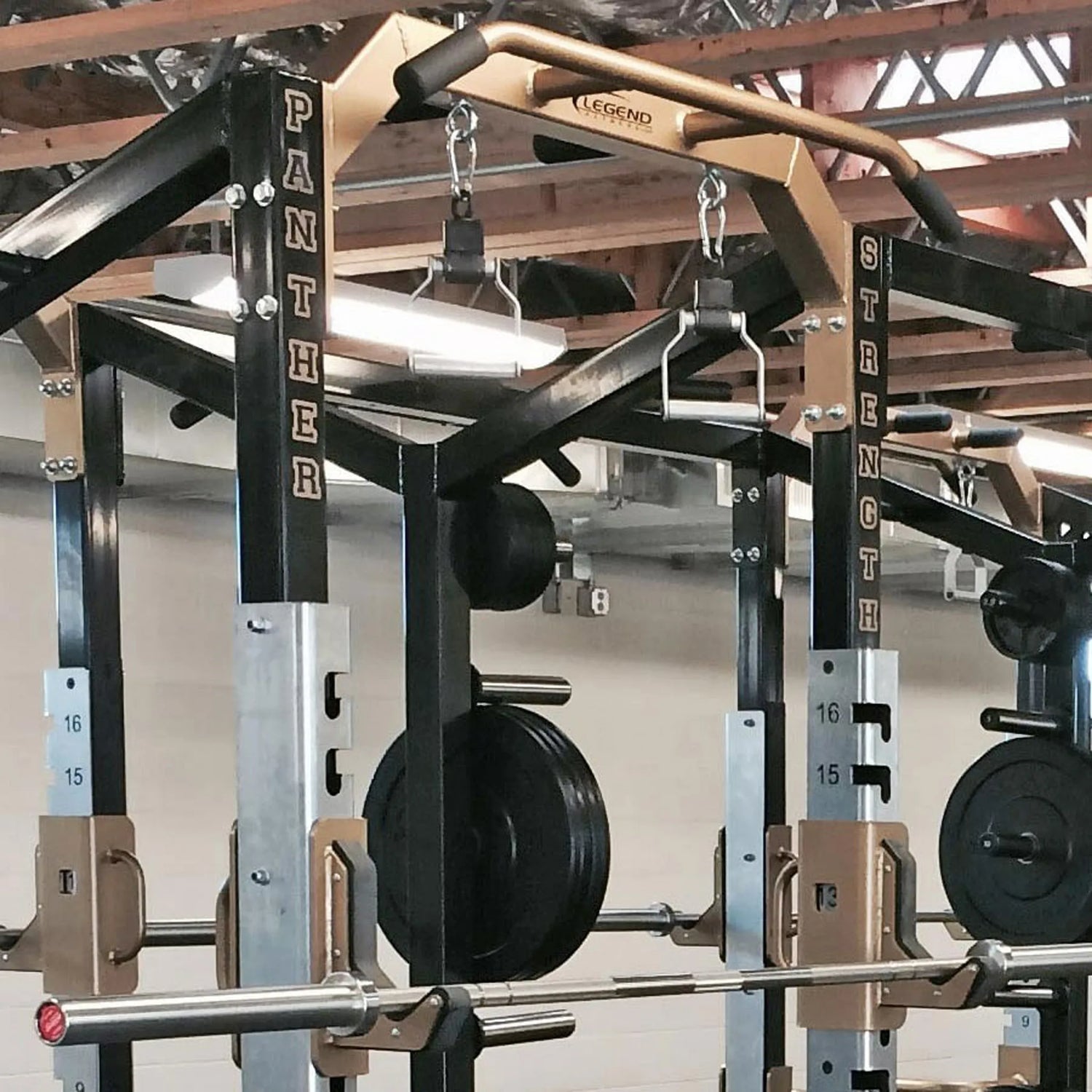 Weightlifting equipment with 'Panther Strength' branding in a gym setting