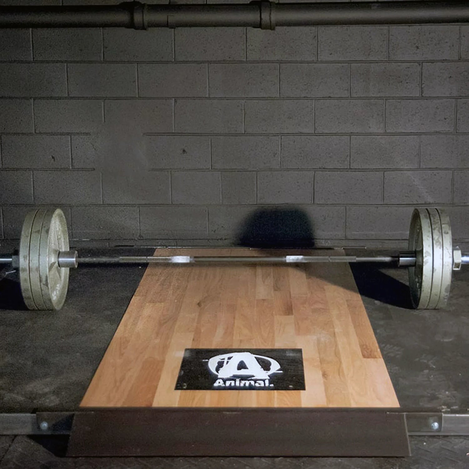 Wooden weightlifting platform with a barbell and 'Animal' logo on it on a dark brick wall background