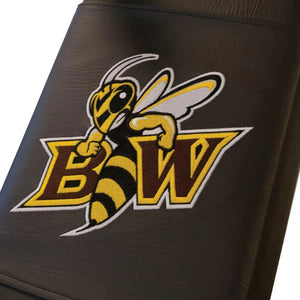 A black and yellow bee logo with 'BW' embroidered on a bench pad