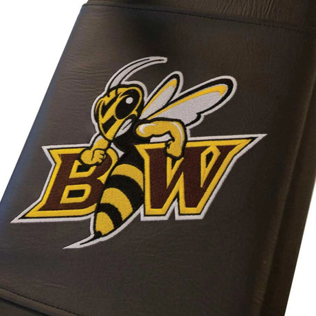 A black and yellow bee logo with 'BW' embroidered on a bench pad