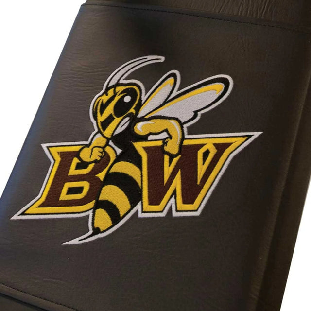 A black and yellow bee logo with 'BW' embroidered on a bench pad