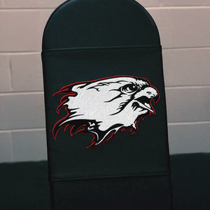 A black gym bench pad with a white and red eagle logo embroidered on it
