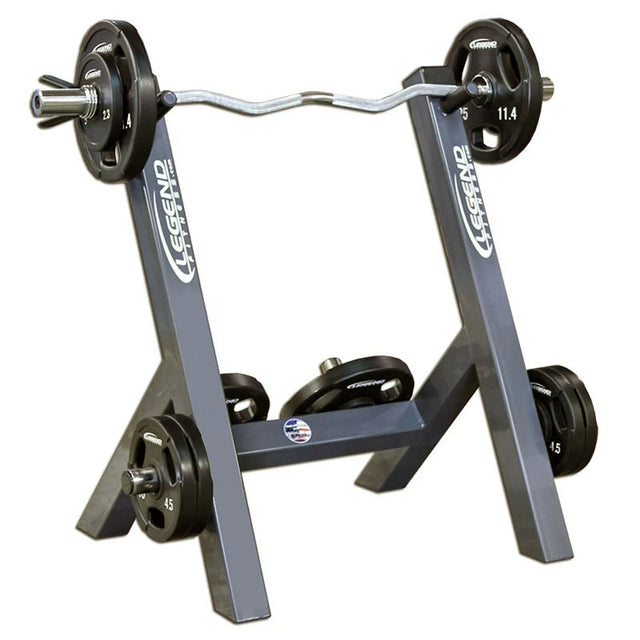 A gray metal curl pedestal with black plates and a silver curl bar on a white background