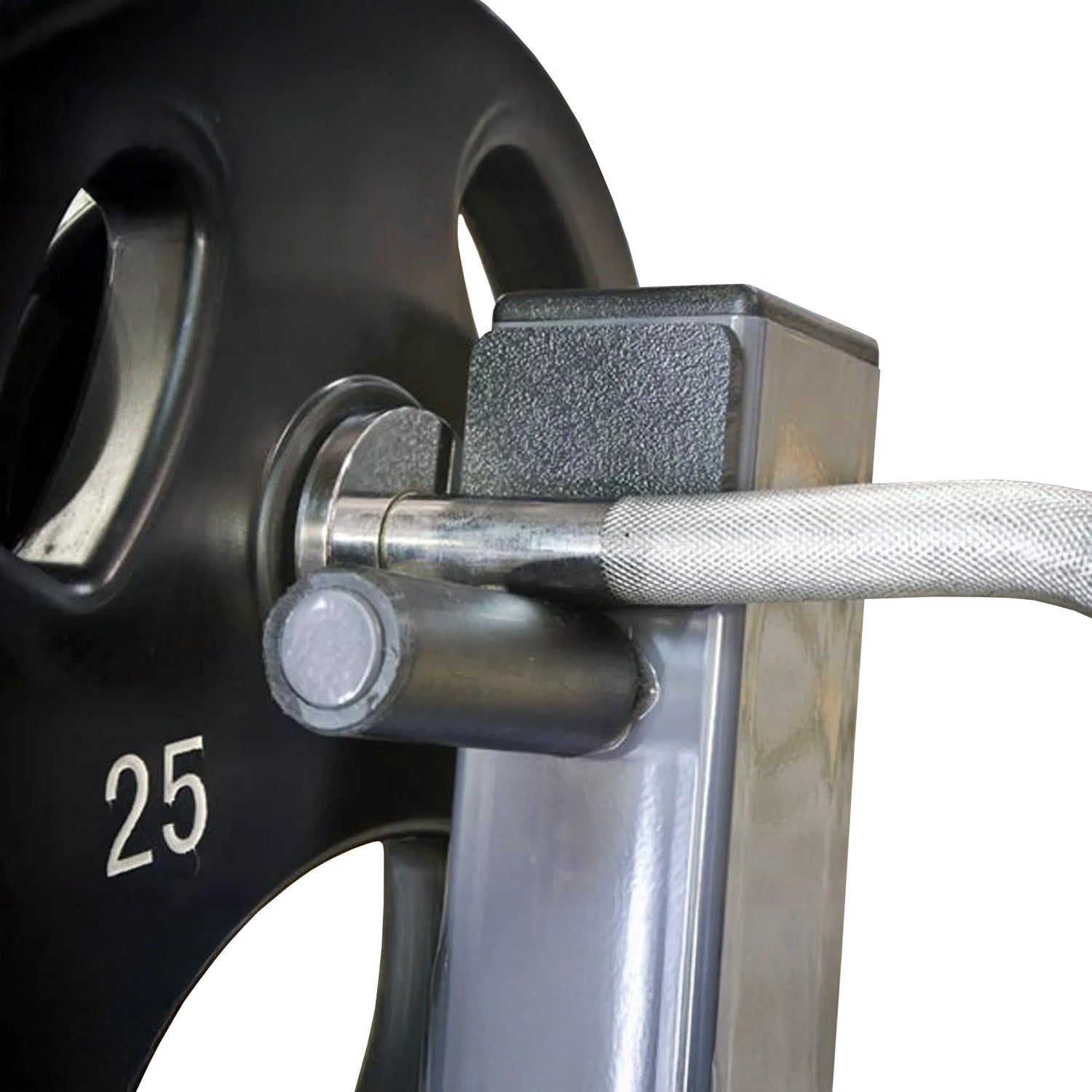 Close-up of a gray metal frame with a silver curl bar and a black plate on a white background
