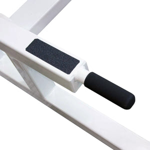 A close up image of a white metal frame with black highlights on a white background