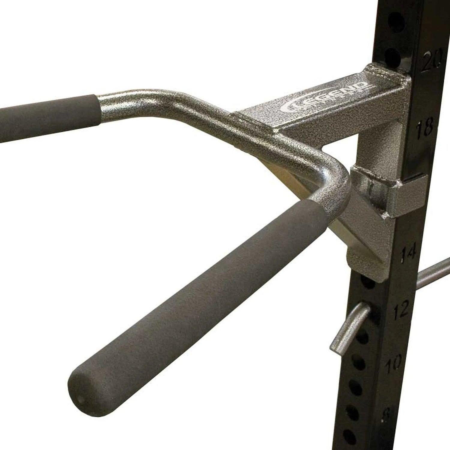 A black and silver metal dip attachment with foam metal handles mounted to a black metal post with a white background