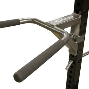 A black and silver metal dip attachment with foam metal handles mounted to a black metal post with a white background