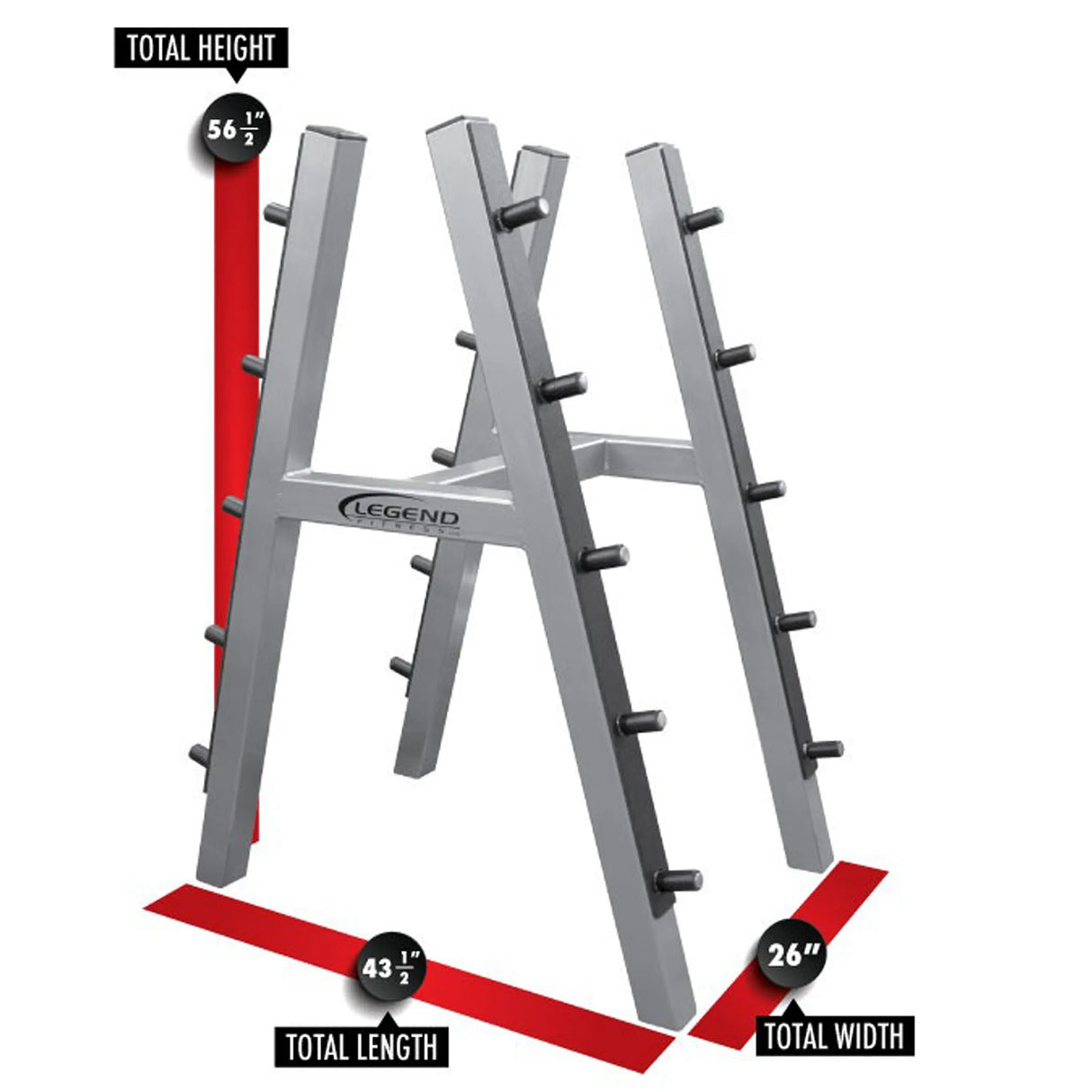 A silver barbell storage rack on a white background with red measurement labels and dimensions