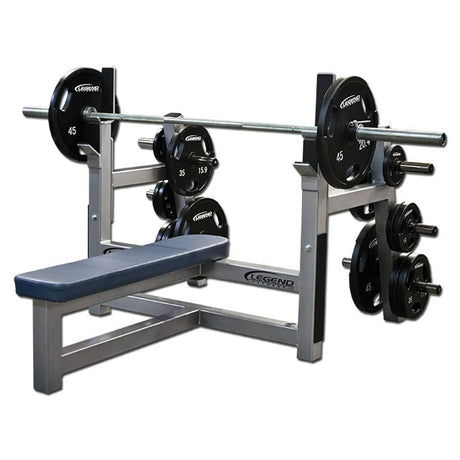 Weight bench with barbell and weights on a white background