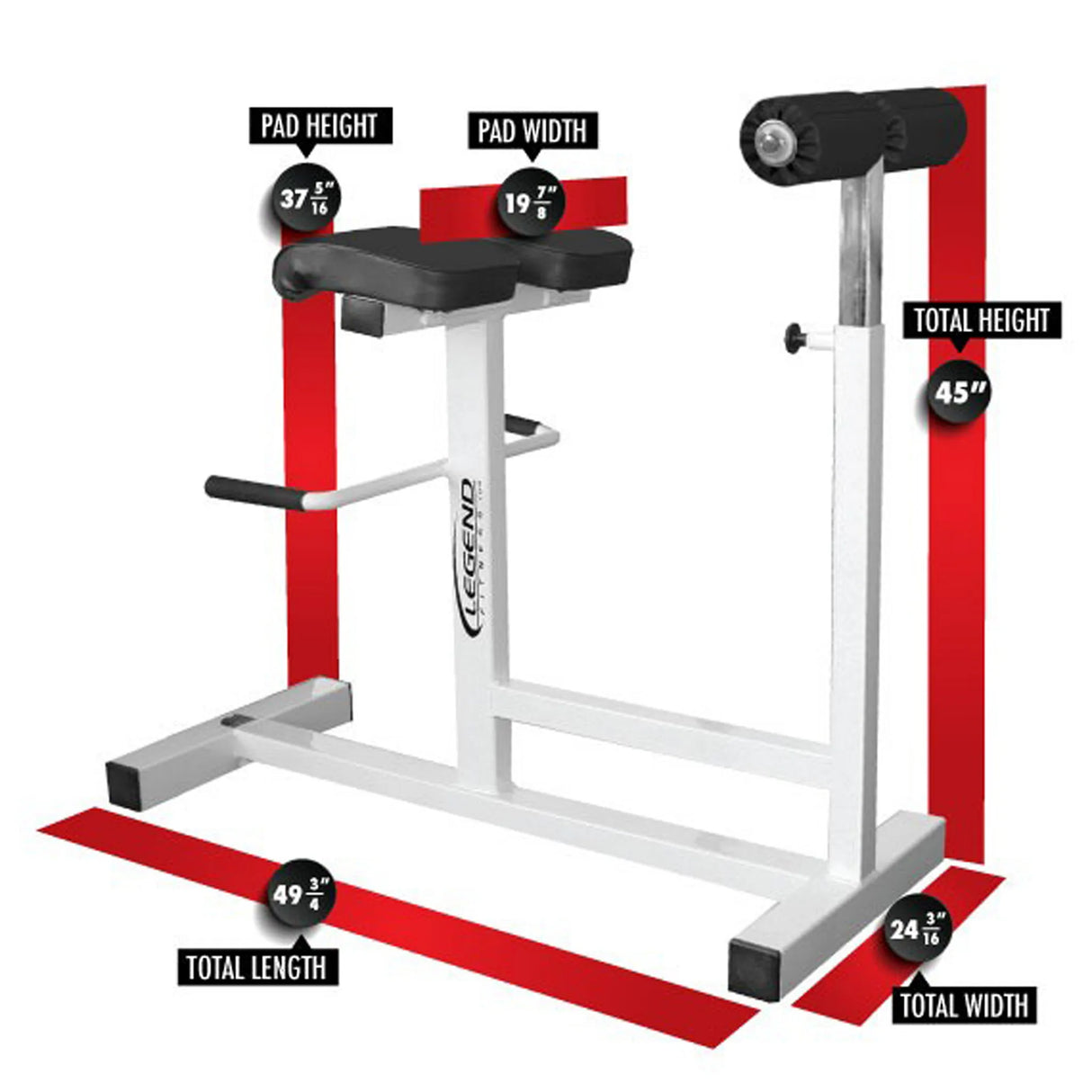 A white and black fitness hyperextension machine on a white background with red labels and dimensions.