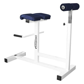 A blue and white fitness hyperextension machine. Made by Legend Fitness on a white background.