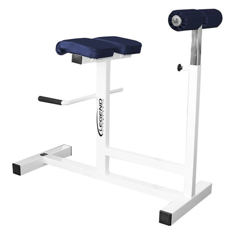A blue and white fitness hyperextension machine. Made by Legend Fitness on a white background.