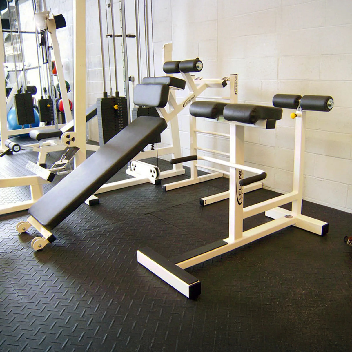 White and black fitness equipment in a gym setting.