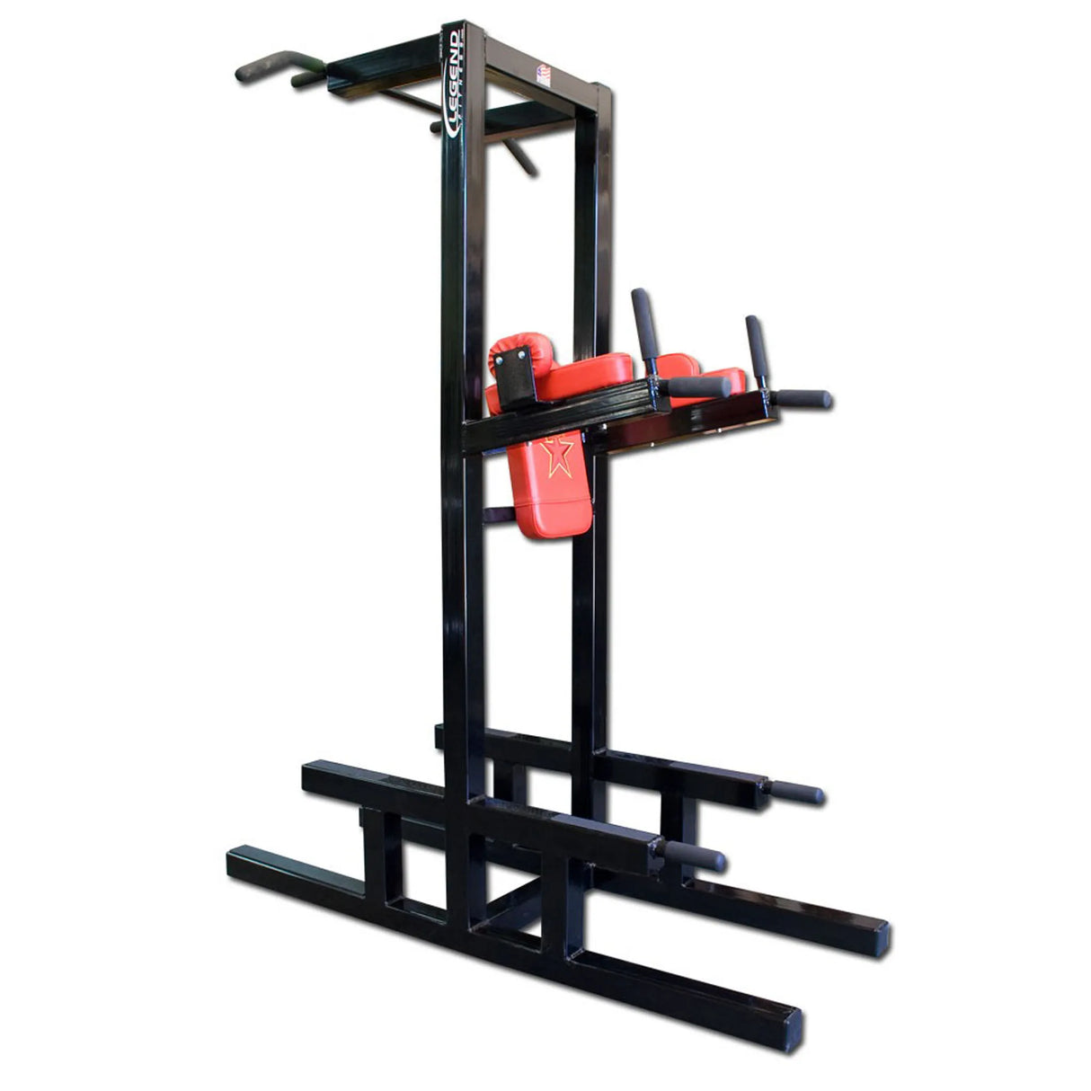 A red and black pull-up bar and core stand on a white background
