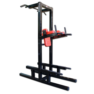 A red and black pull-up bar and core stand on a white background