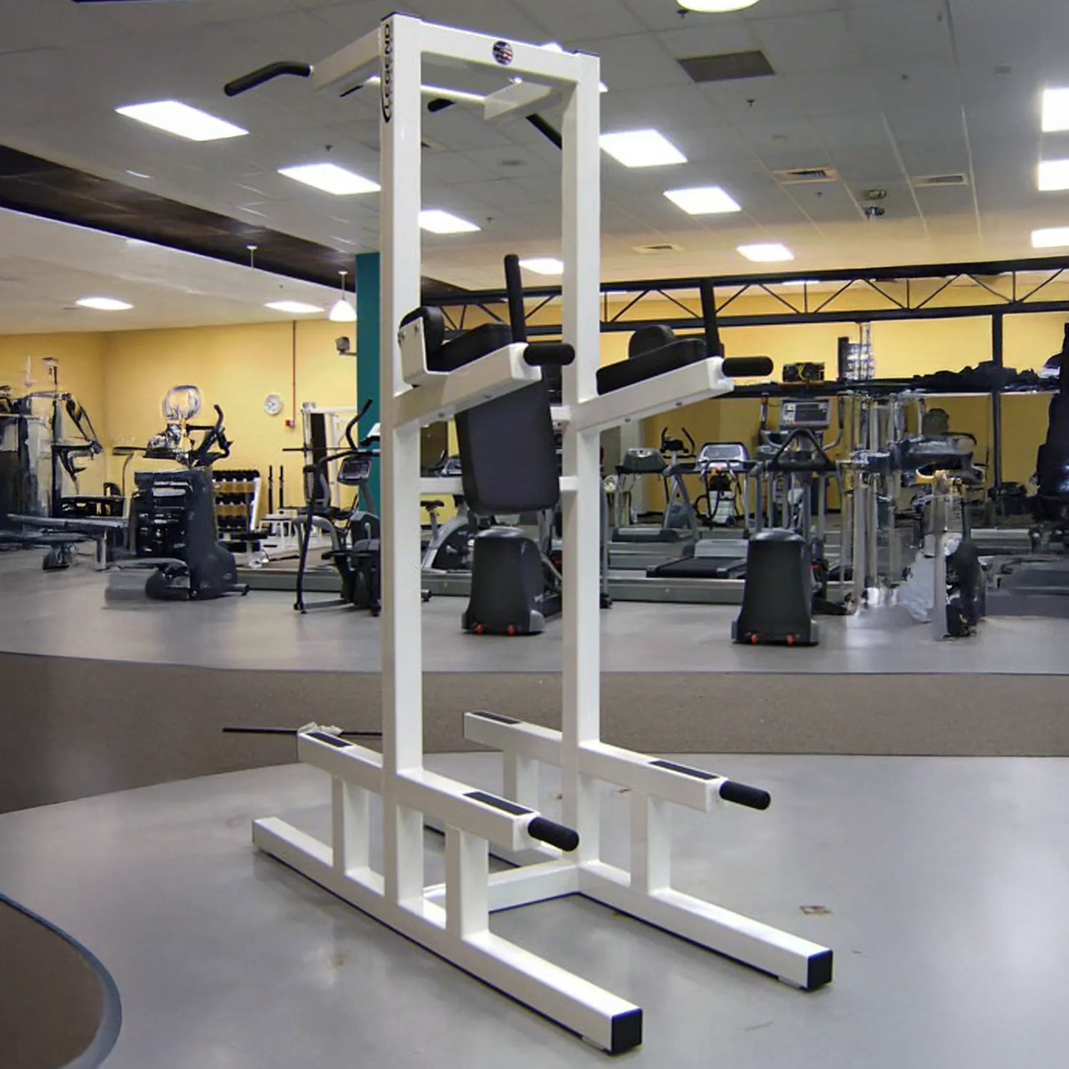 White metal framed piece of fitness equipment in a gym setting with various machines and weights in the background.
