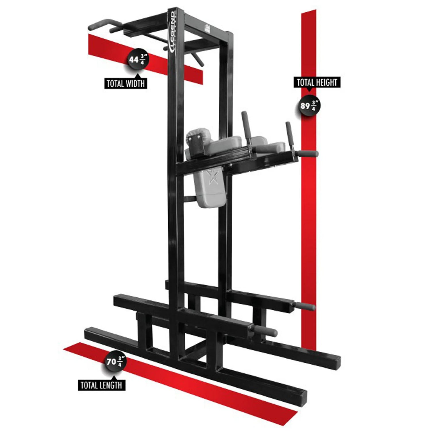 A gray and black pull-up bar and core stand on a white background with dimensions and labels