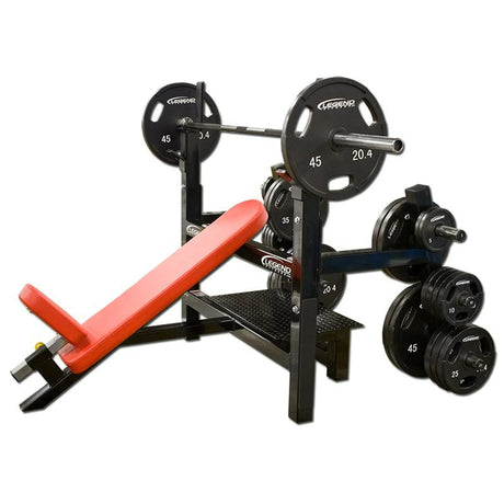 Weight bench with barbell and weights on a white background