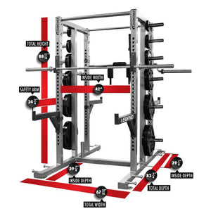 Weight rack with red measurements labeled on a white background