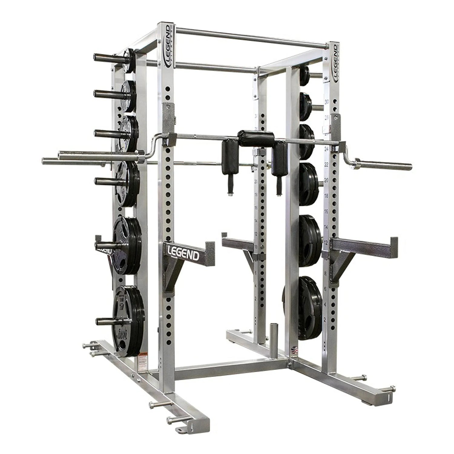 Gray power rack with weight plates on a white background