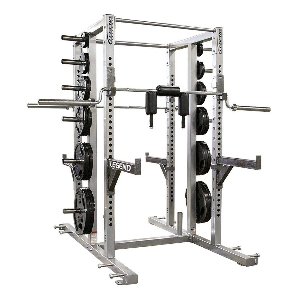 Gray power rack with weight plates on a white background