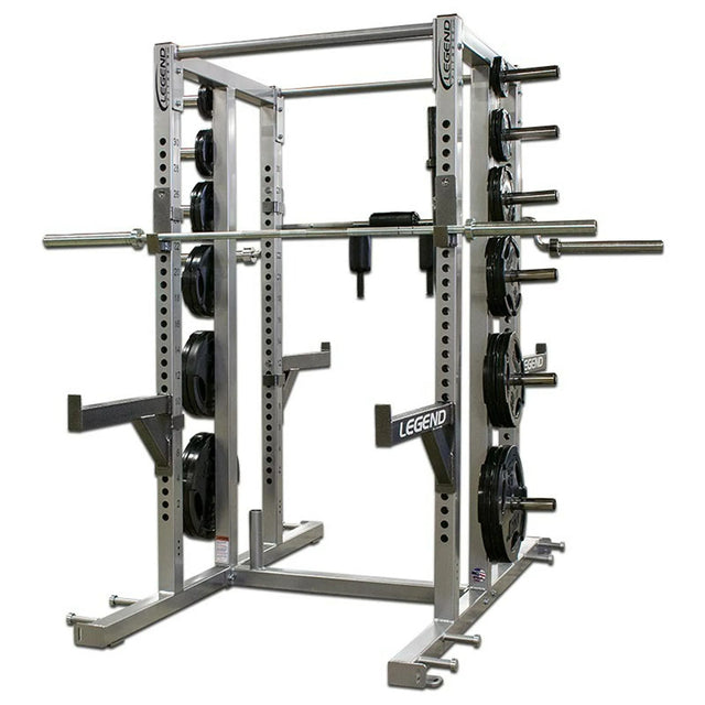 Silver Legend power rack with weight plates on a white background