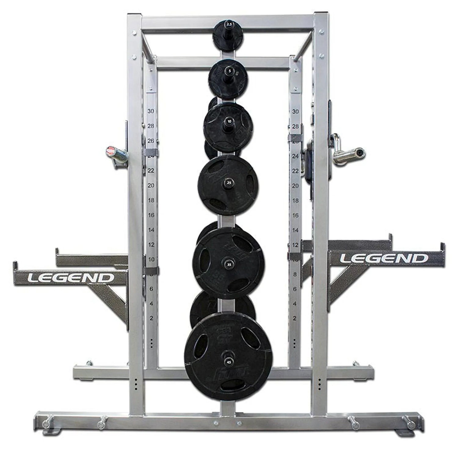 Weightlifting rack with Legend branding and weight plates on a white background