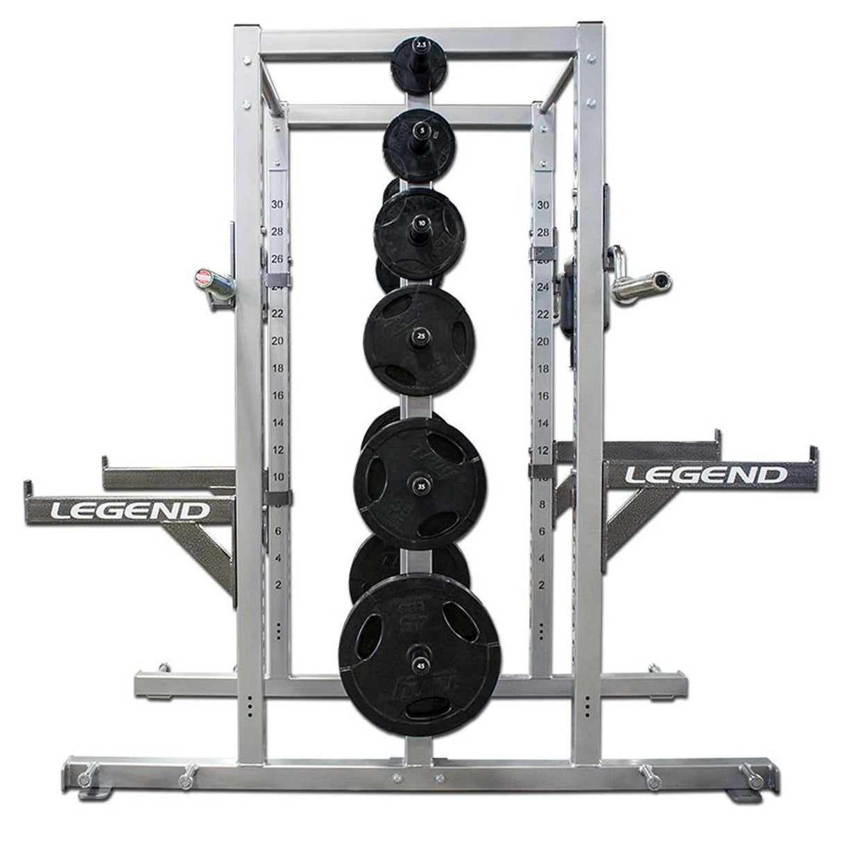 Weightlifting rack with Legend branding and weight plates on a white background