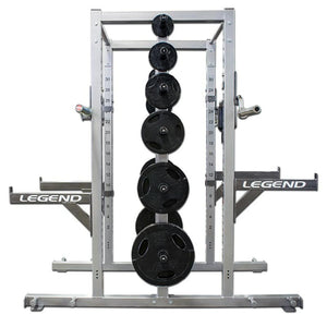 Weightlifting rack with Legend branding and weight plates on a white background