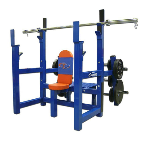 Blue weightlifting should press rack with orange seat and barbell on a white background