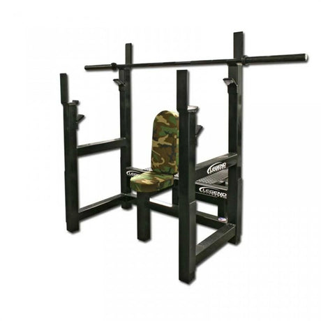 Black gym shoulder press rack with camouflage seat on a white background