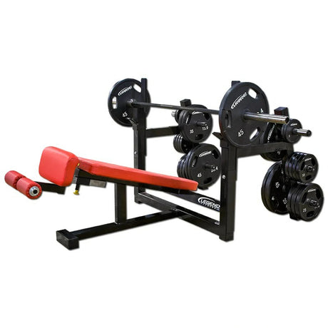 A black and red Olympic decline bench press on a white background