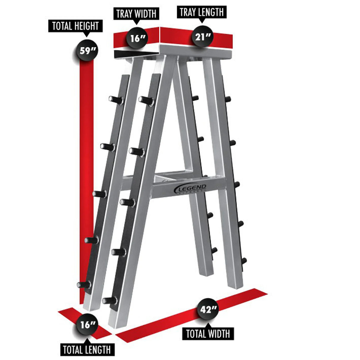 White metal storage rack with Legend Fitness branding and red markings and dimensions labels