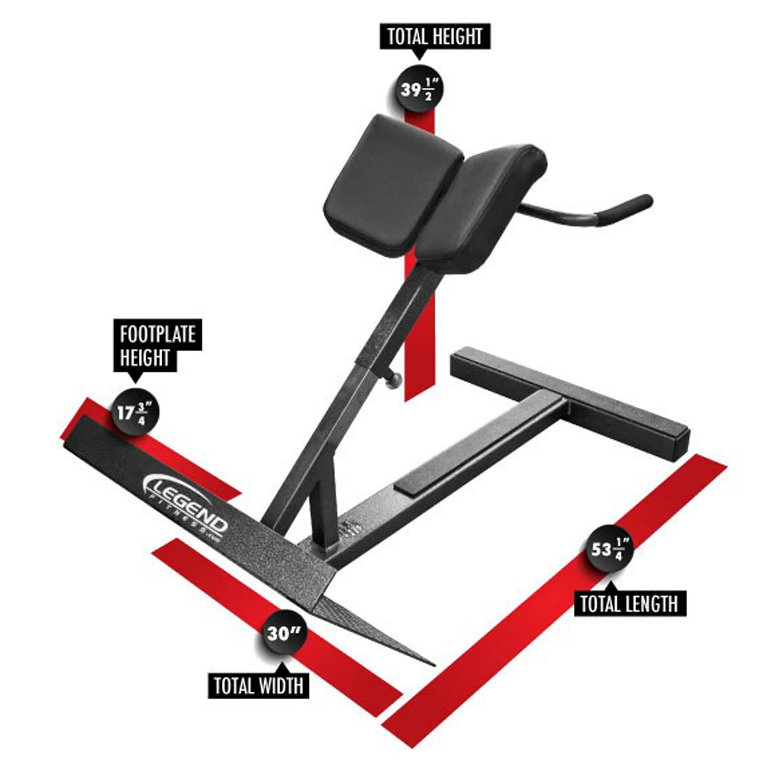 A gray and black oblique gym machine on a white background with red labels and dimensions.