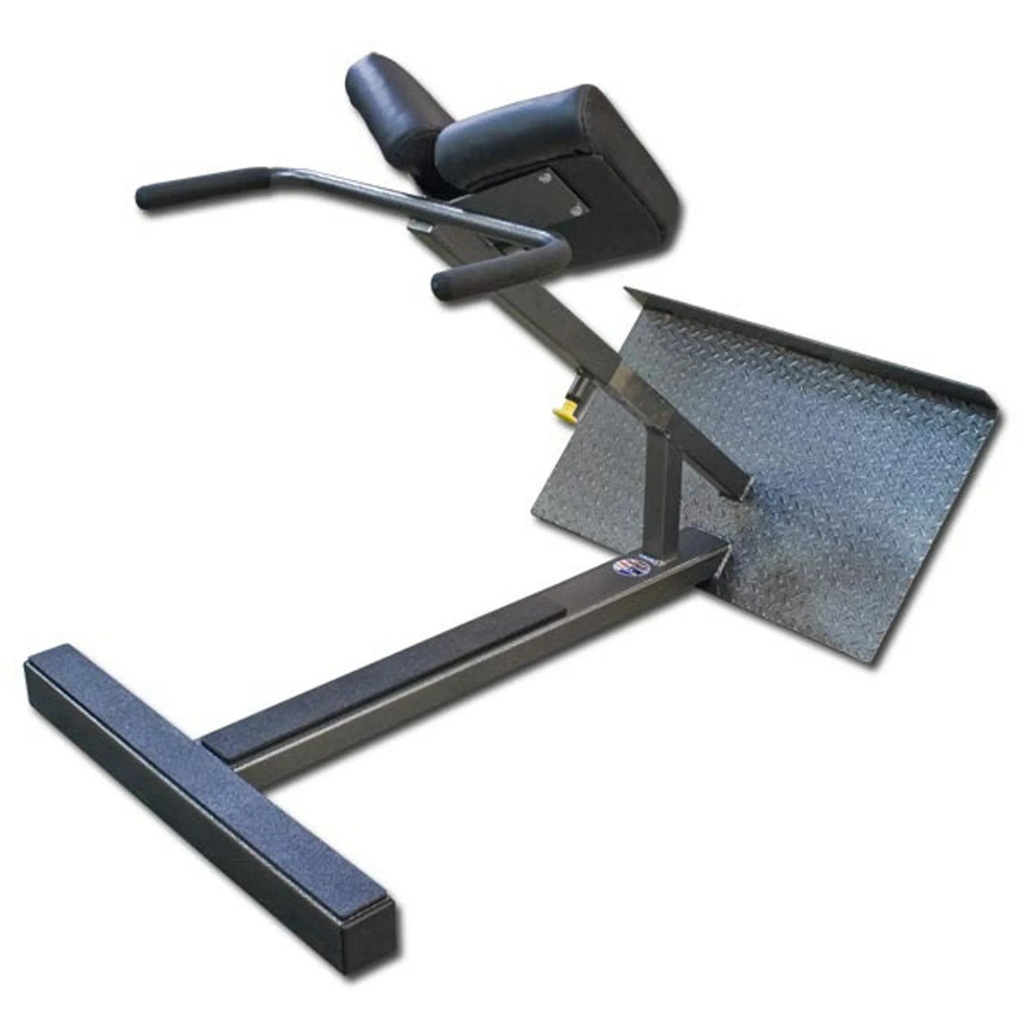 A gray and black oblique gym machine on a white background.