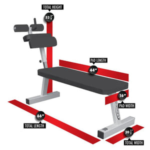 A black and Gray ab bench on a white background with red dimensions and labels