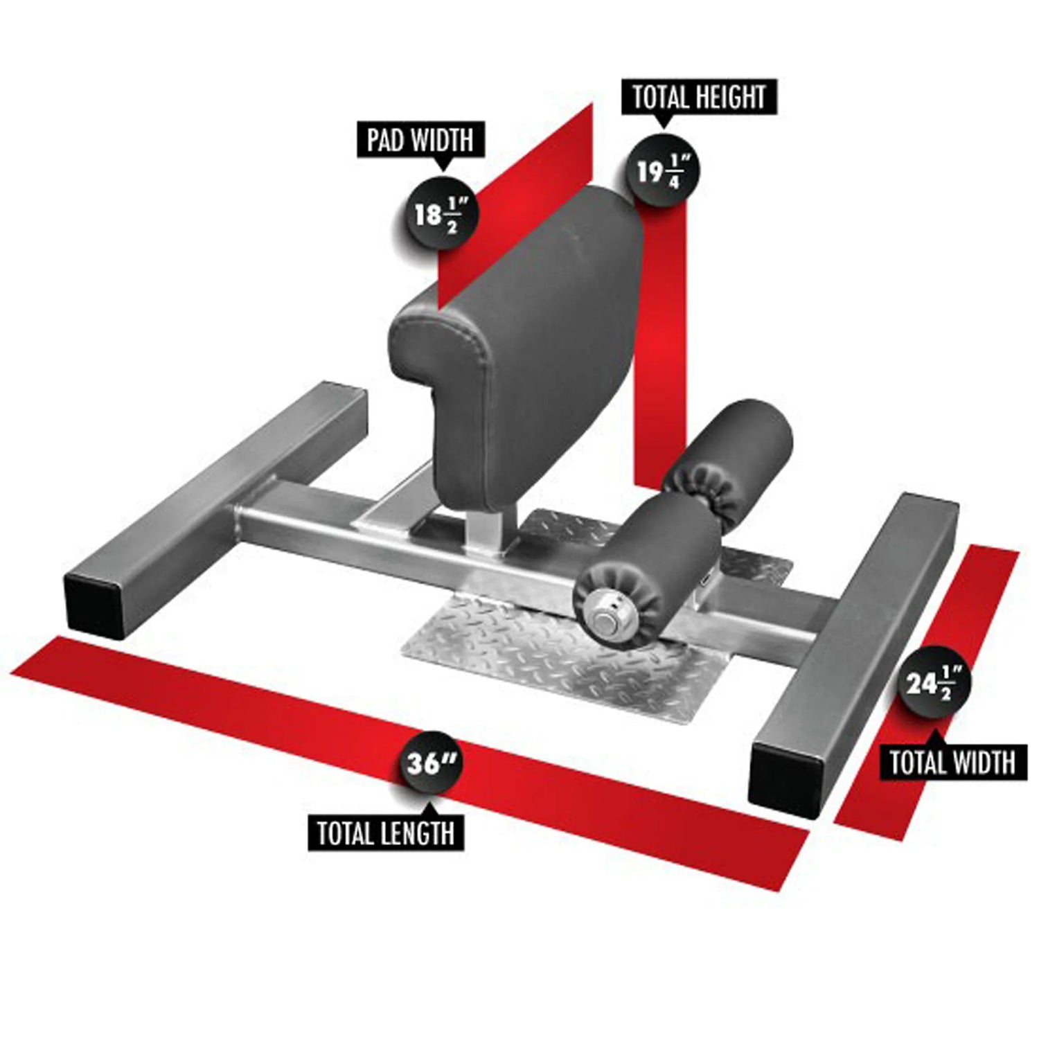 A gray sissy squat fitness machine on a white background with dimensions and labels