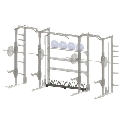 Gray metal plate storage rack positioned between two squat racks on a white background