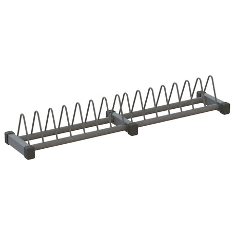 Gray metal plate storage rack on a white background