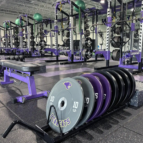 Purple and black themed gym with weight plates and equipment