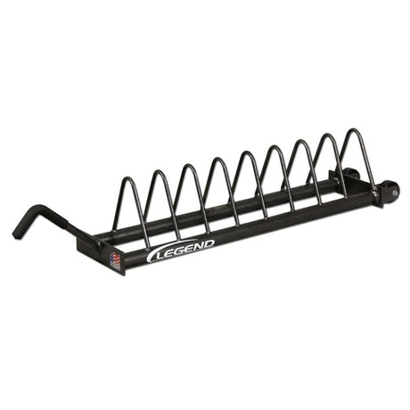Black bumper plate storage rack with a white background