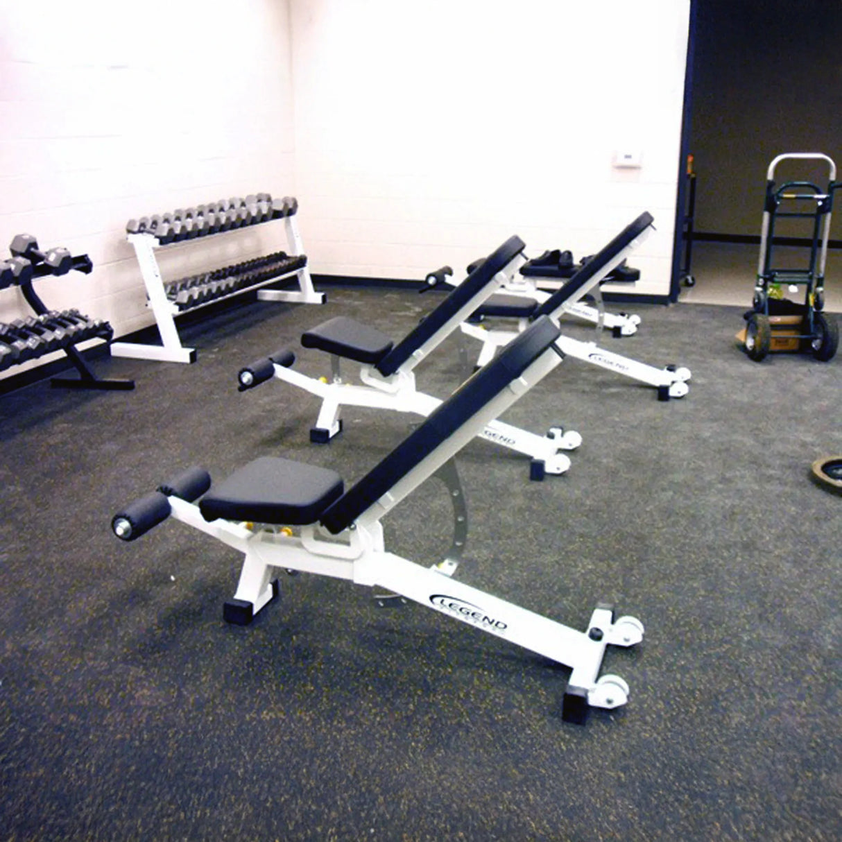 Gym equipment including weight benches and dumbbells on a carpeted floor.