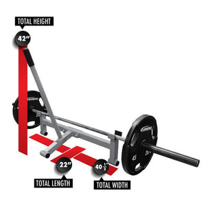 A gray metal weightlifting barbell jack on a white background with labels and dimensions
