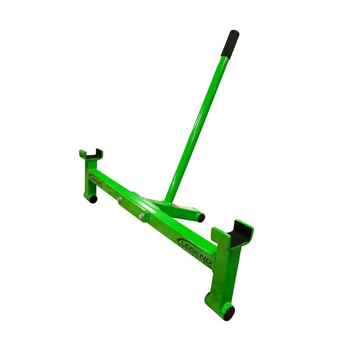 A green metal weightlifting barbell jack on a white background