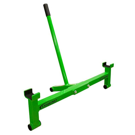 A green metal weightlifting barbell jack on a white background