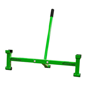 A green metal weightlifting barbell jack on a white background